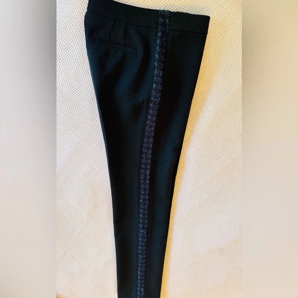 TORY BURCH Tobie Black Trousers Straight Leg Pants Blue Wool Tweed Side Stripe - Picture 13 of 16
